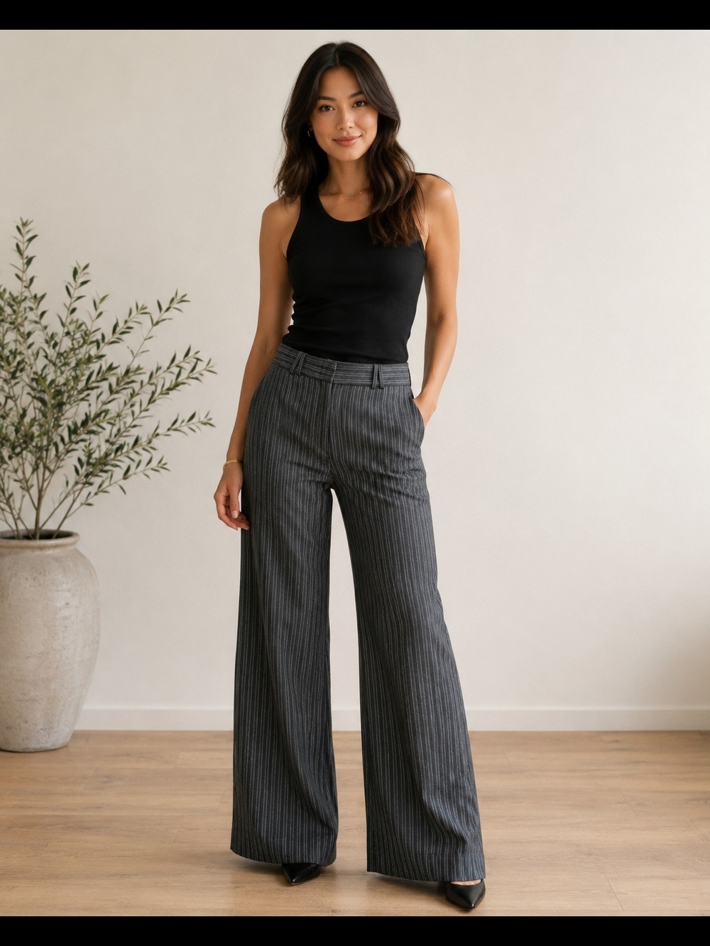 BCBGMaxAzria Gray Pinstripe Wide-Leg Trousers With Black Stripes